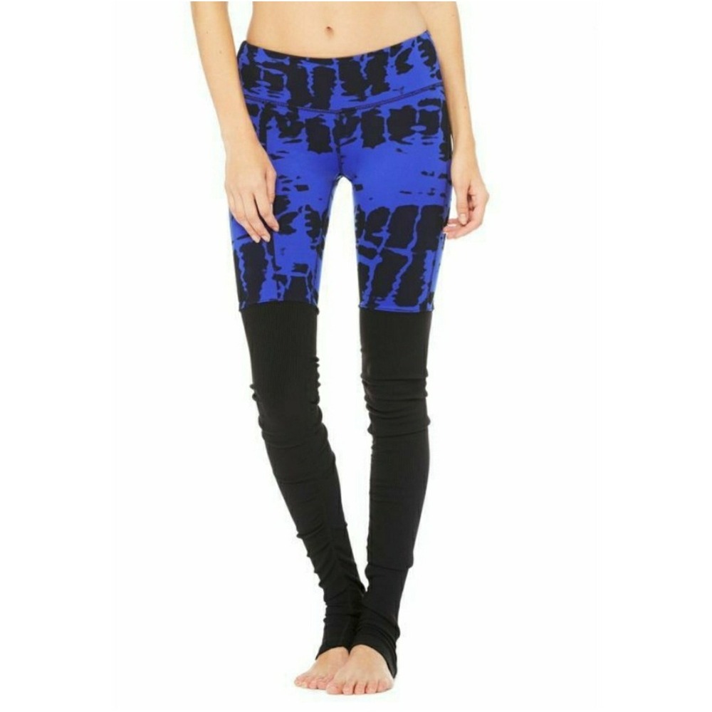 Alo Yoga Goddess Ribbed Legging Women L Blue Black Tie Dye Sculpting Pilates
